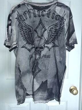 Affliction Gray and Black Winged Skull Graphic Tee